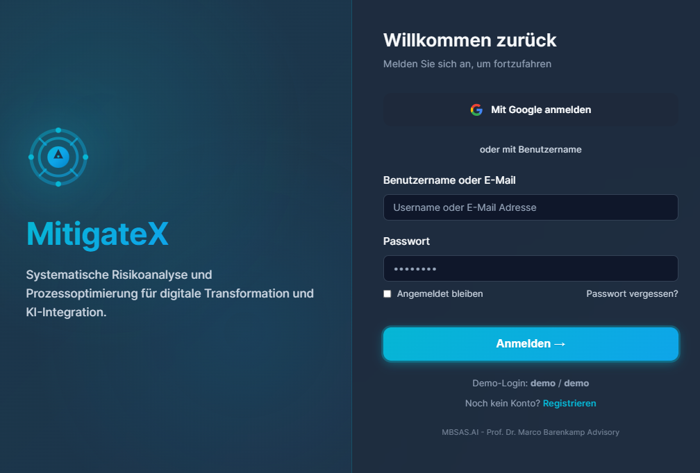 MitigateX Login mit Google OAuth2 und klassischem Login
