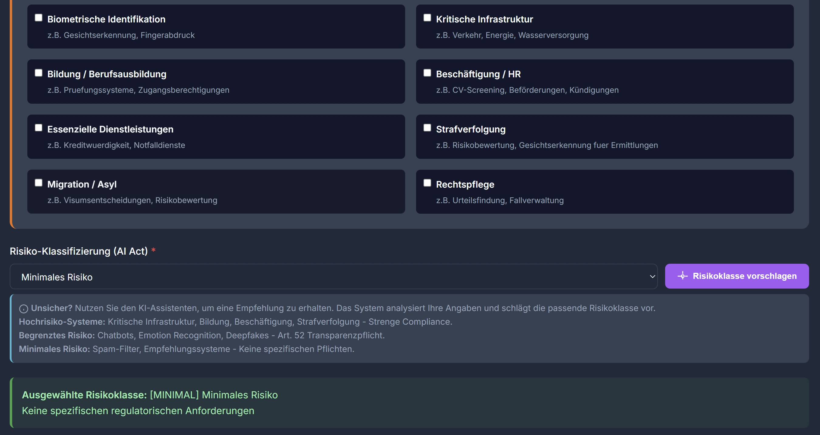 MitigateX: Manuelle Risikoklassen-Auswahl mit geführter Unterstützung