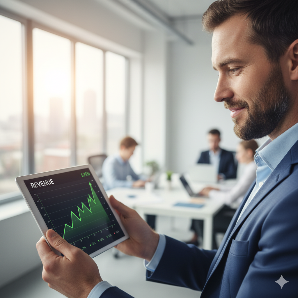 Business Professional analysiert Erfolgskennzahlen und Wachstumscharts